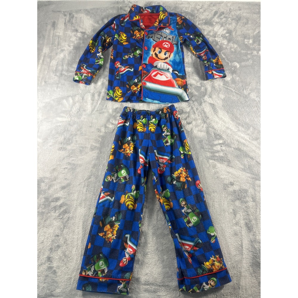 Nintendo Mario Kart Boys Pajama Set Blue Fleece 2PC Mario Luigi Bowser XS 4/5